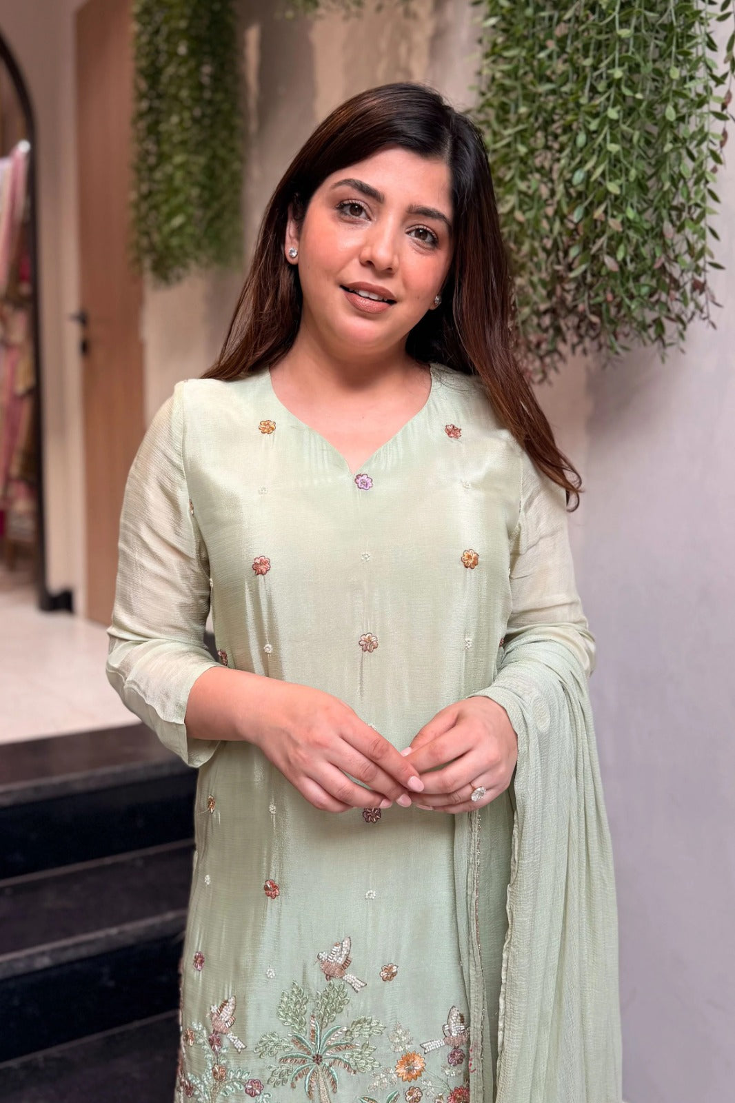 Heavy French Crepe Silk Embroidered 3-Piece Suit Set with Chinon Dupatta