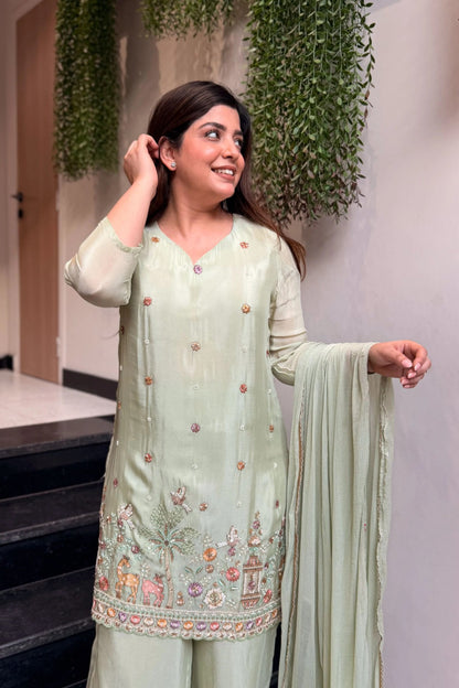 Heavy French Crepe Silk Embroidered 3-Piece Suit Set with Chinon Dupatta