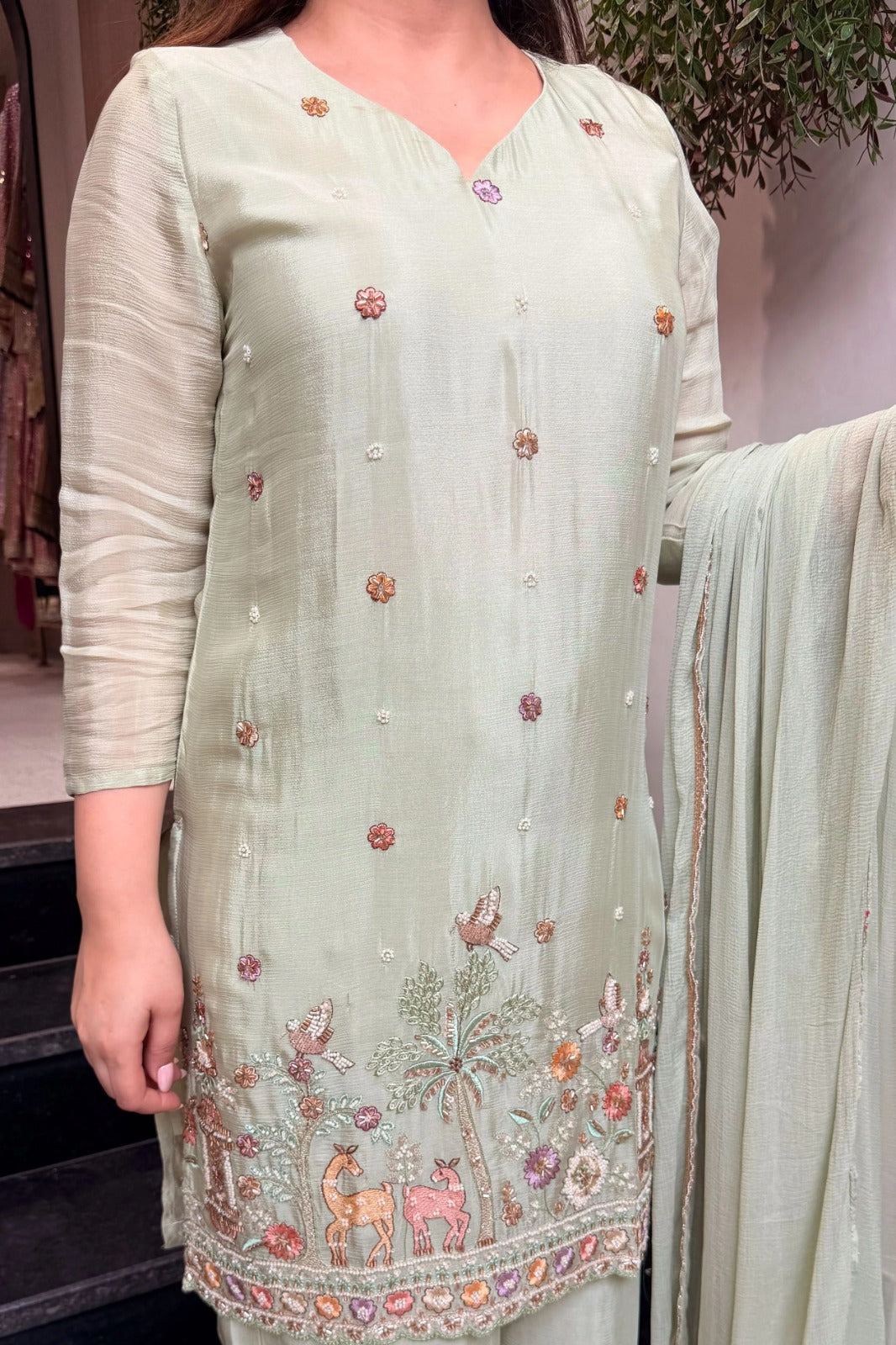 Heavy French Crepe Silk Embroidered 3-Piece Suit Set with Chinon Dupatta