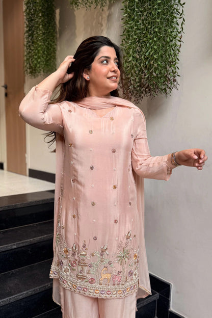Heavy French Crepe Silk Embroidered 3-Piece Suit Set with Chinon Dupatta