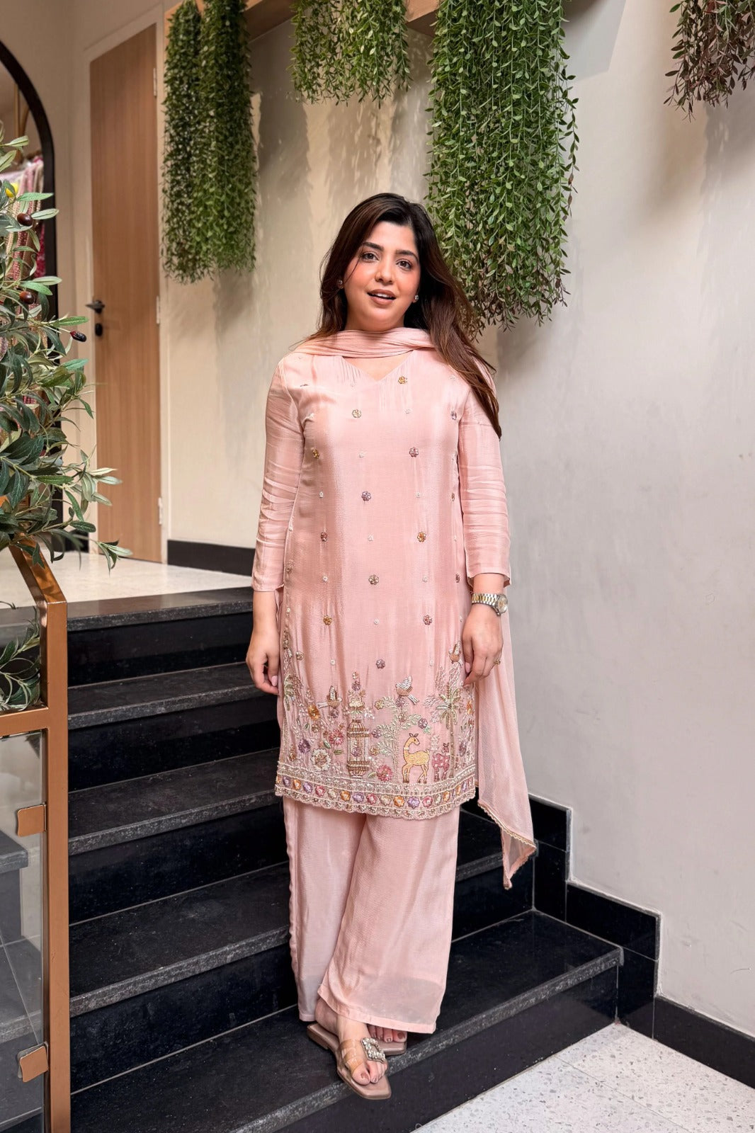 Heavy French Crepe Silk Embroidered 3-Piece Suit Set with Chinon Dupatta