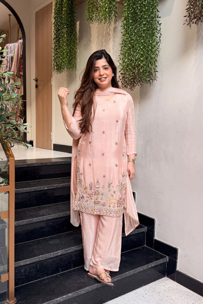 Heavy French Crepe Silk Embroidered 3-Piece Suit Set with Chinon Dupatta
