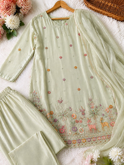 Heavy French Crepe Silk Embroidered 3-Piece Suit Set with Chinon Dupatta