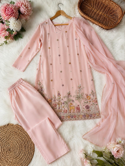 Heavy French Crepe Silk Embroidered 3-Piece Suit Set with Chinon Dupatta