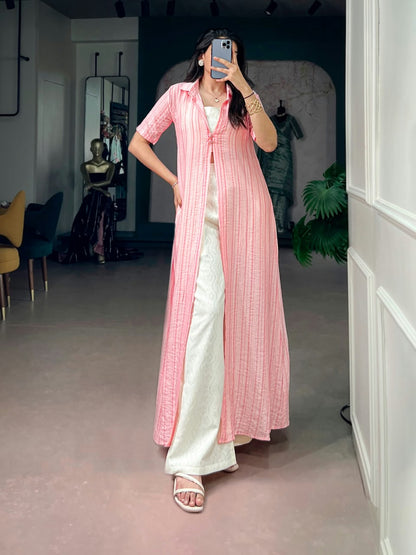 Orchid Blouse, Pant & Striped Overlay Shrug Set