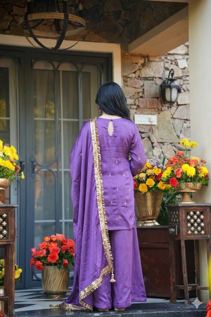 Heavy Crepe Silk Embroidered Kurti Palazzo Set