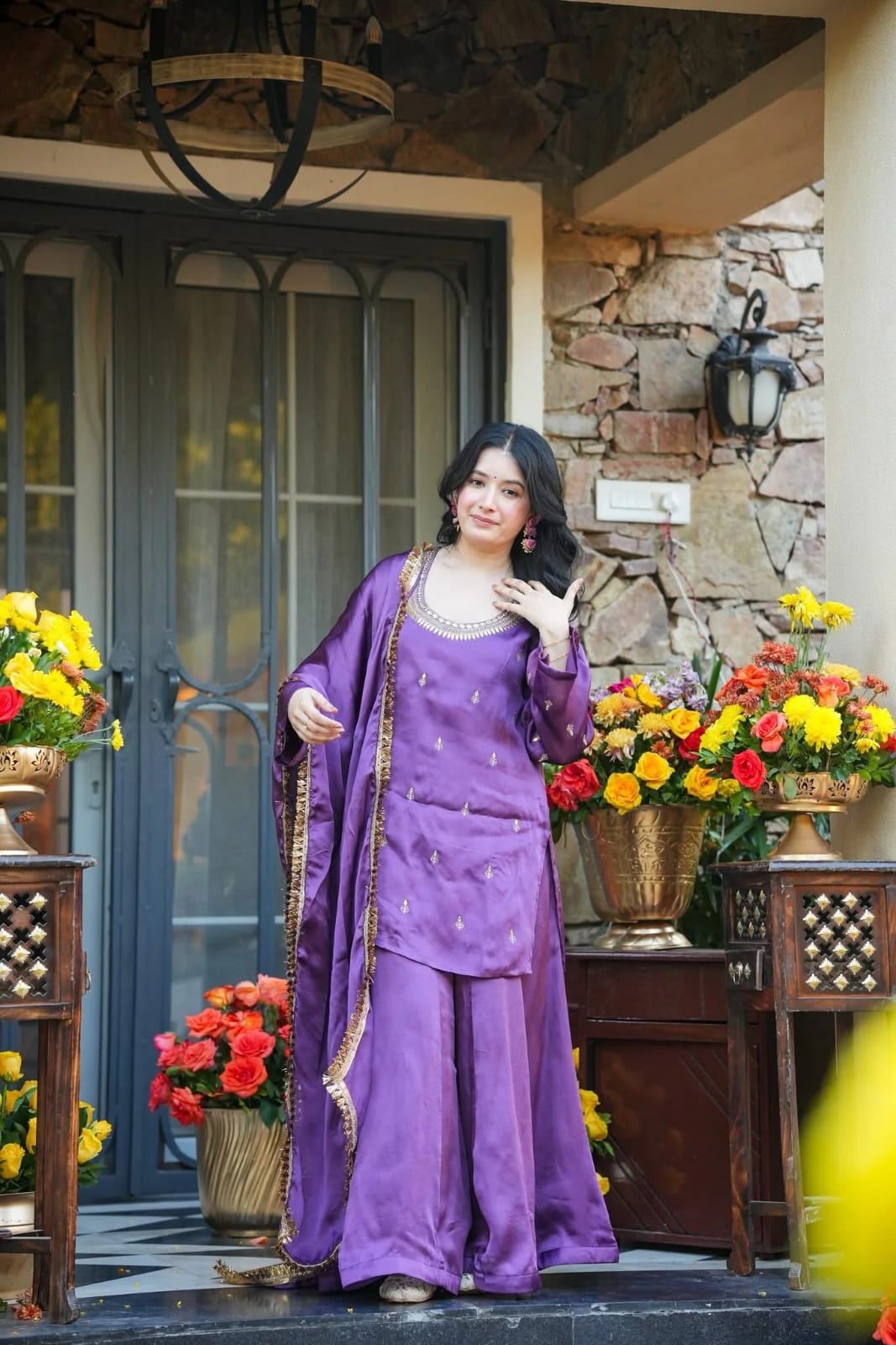 Heavy Crepe Silk Embroidered Kurti Palazzo Set