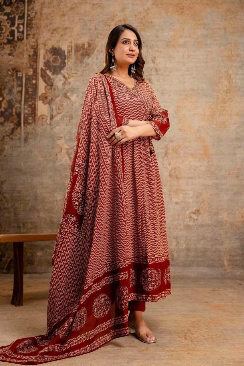 Premium Cotton Zig-Zag Angrakha Style Anarkali Set