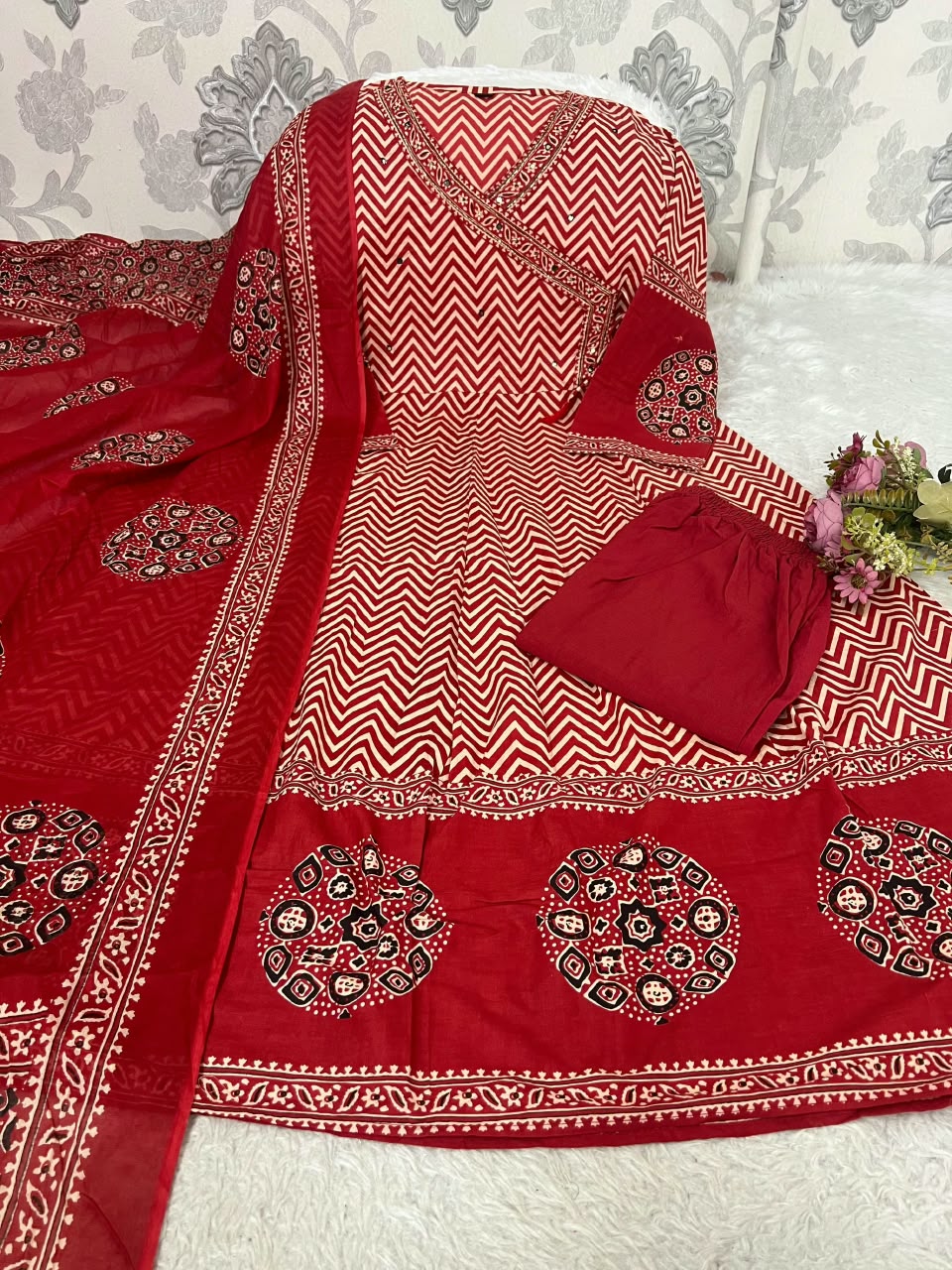 Premium Cotton Zig-Zag Angrakha Style Anarkali Set
