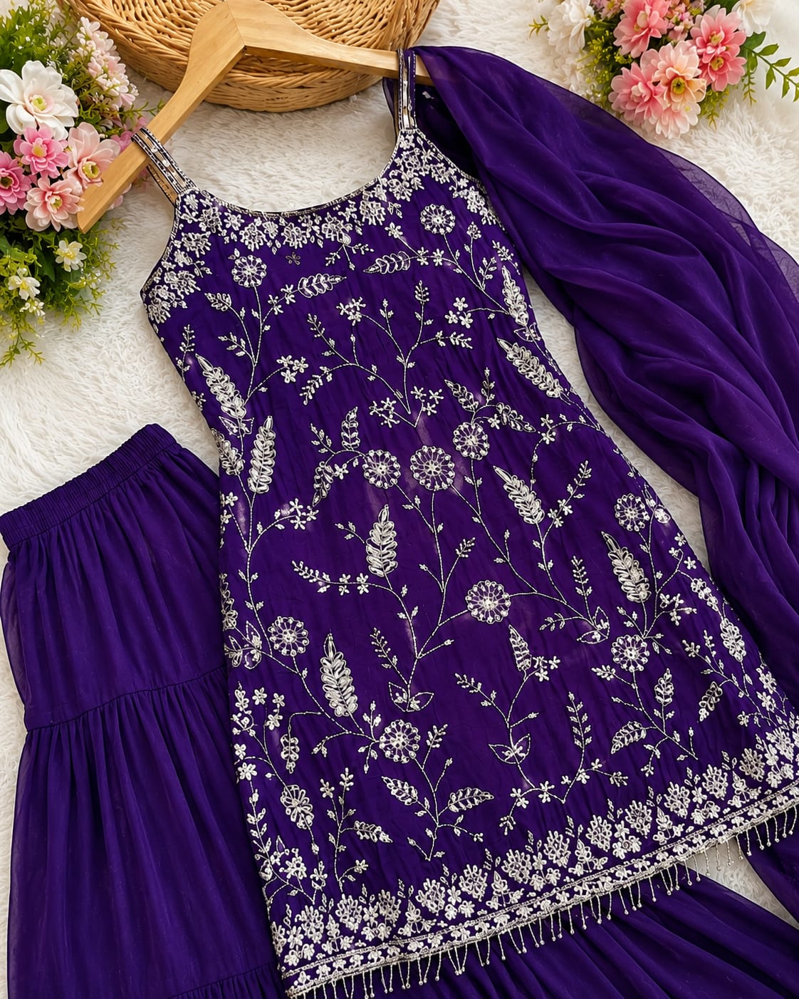 Heavy Chinon Embroidered Palazzo Suit Set