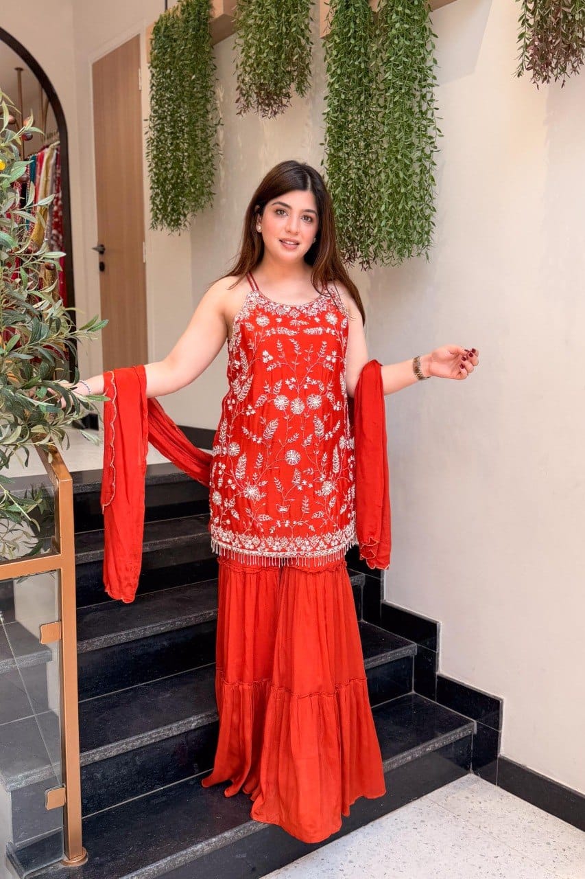 Heavy Chinon Embroidered Palazzo Suit Set