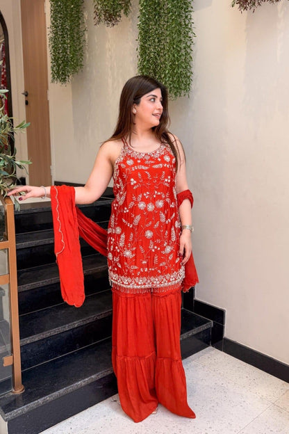 Heavy Chinon Embroidered Palazzo Suit Set