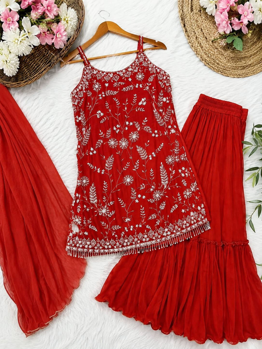 Heavy Chinon Embroidered Palazzo Suit Set