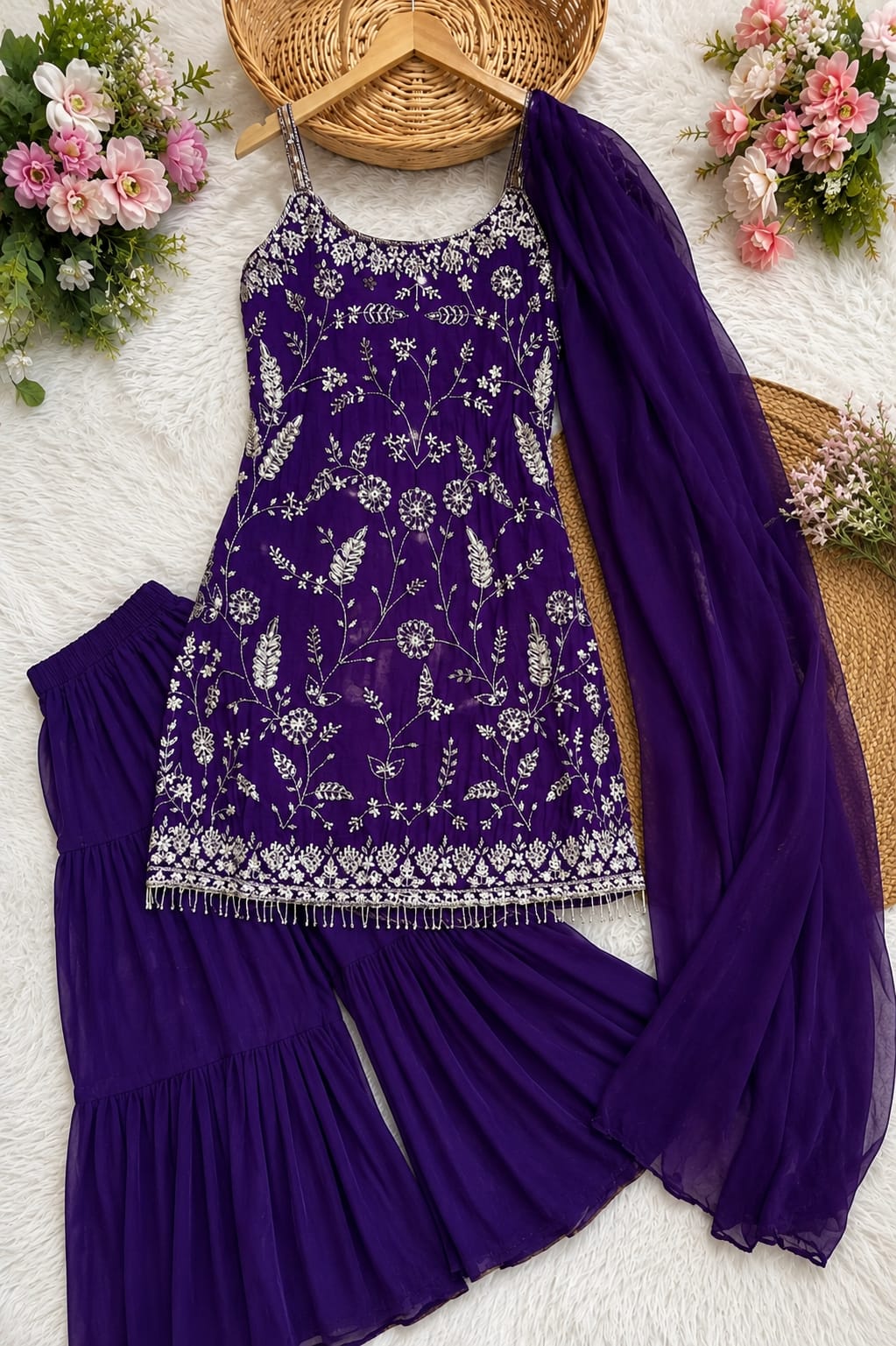 Heavy Chinon Embroidered Palazzo Suit Set
