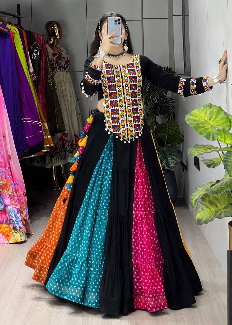 Pure Rayon Cotton Bandhani Frill Lehenga Set