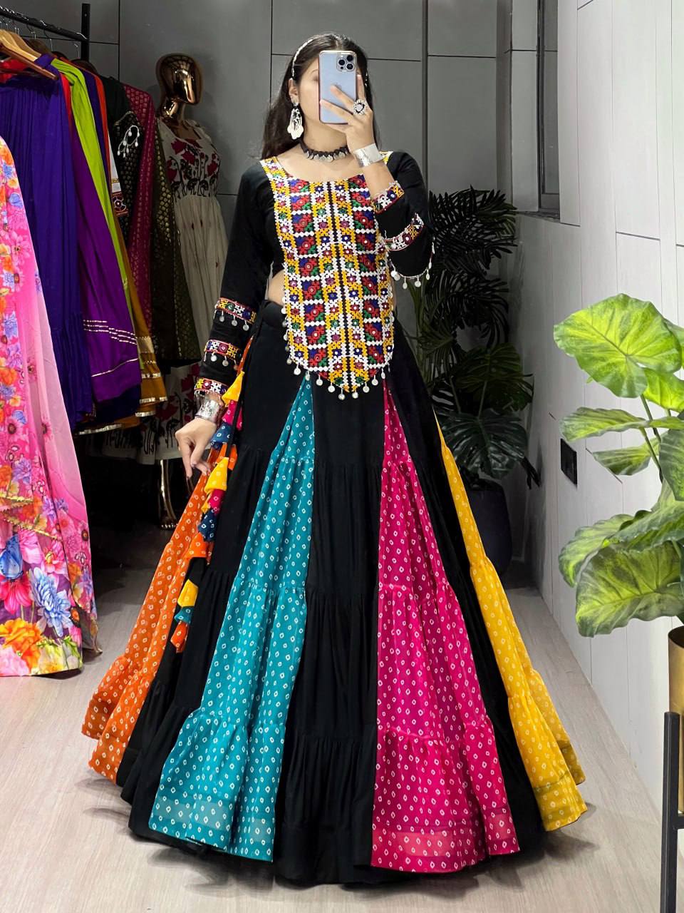 Pure Rayon Cotton Bandhani Frill Lehenga Set
