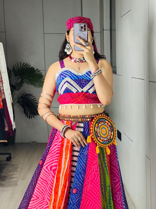 Faux Georgette Multicolored Mirror Work Lehenga Set