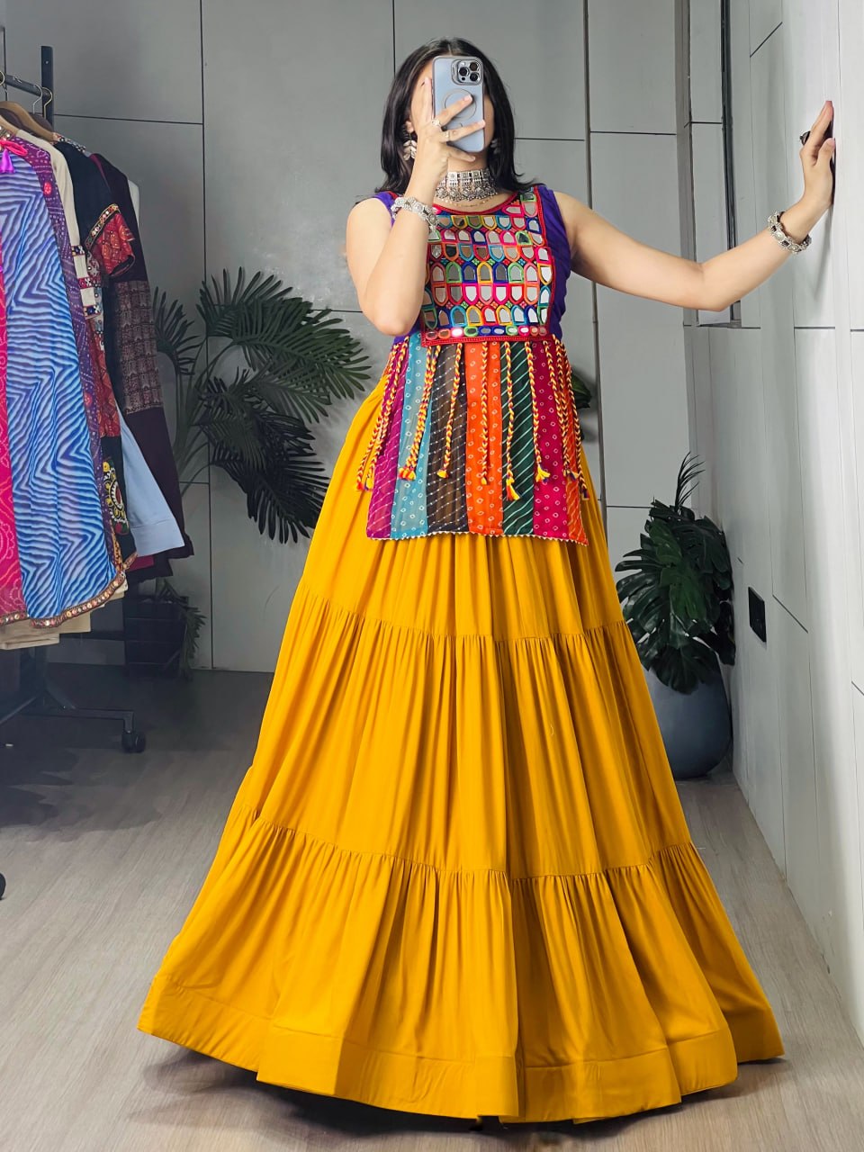 Mustard Frill Flare Rayon Cotton Lehenga Set