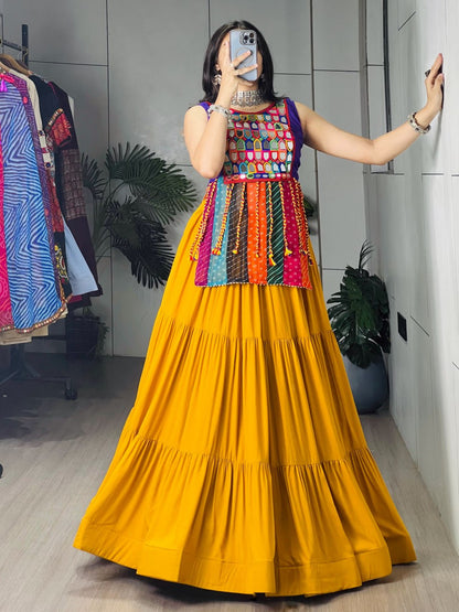 Mustard Frill Flare Rayon Cotton Lehenga Set