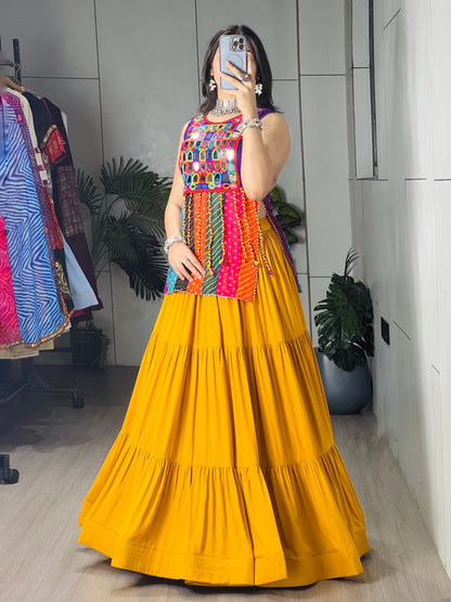 Mustard Frill Flare Rayon Cotton Lehenga Set