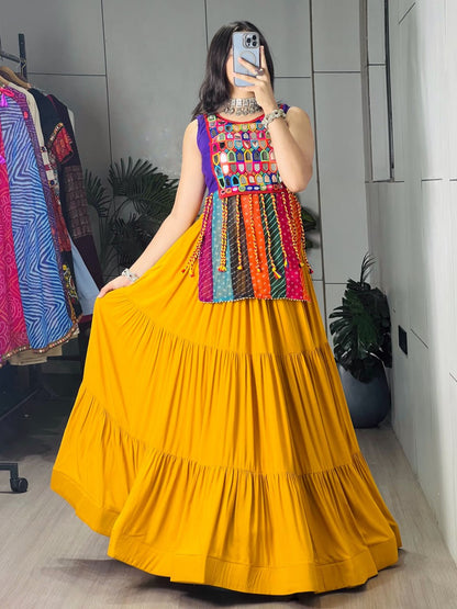 Mustard Frill Flare Rayon Cotton Lehenga Set