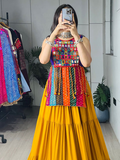 Mustard Frill Flare Rayon Cotton Lehenga Set