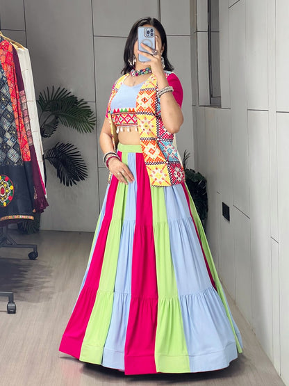 Pure Rayon Cotton Multi-Color Kali Lehenga with Kutchhi Work Koti