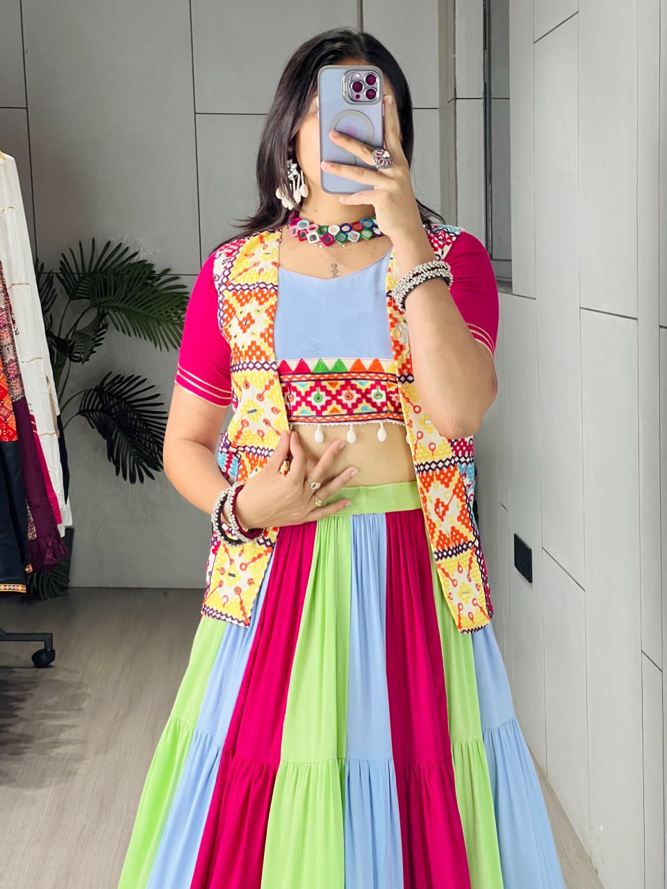 Pure Rayon Cotton Multi-Color Kali Lehenga with Kutchhi Work Koti