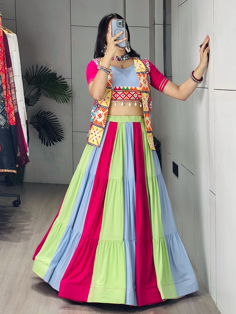 Pure Rayon Cotton Multi-Color Kali Lehenga with Kutchhi Work Koti