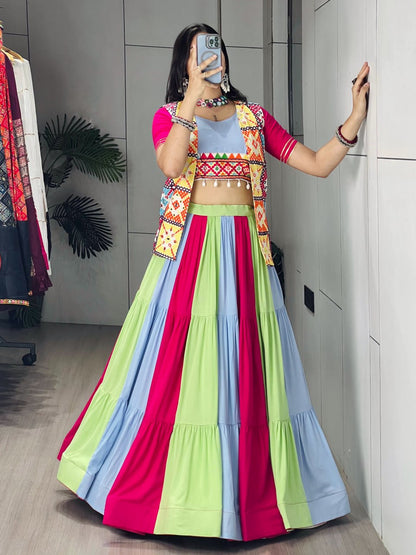 Pure Rayon Cotton Multi-Color Kali Lehenga with Kutchhi Work Koti