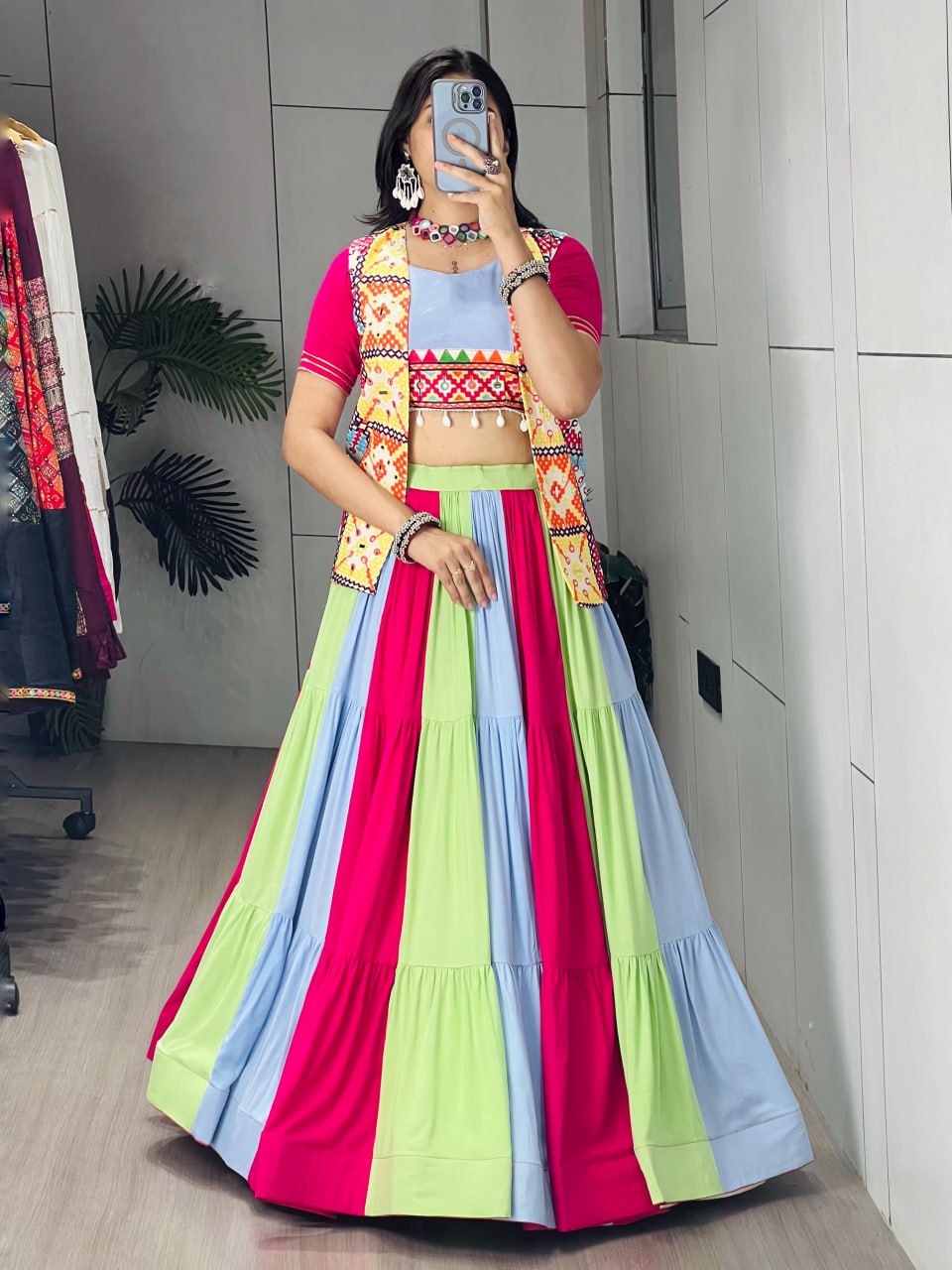 Pure Rayon Cotton Multi-Color Kali Lehenga with Kutchhi Work Koti