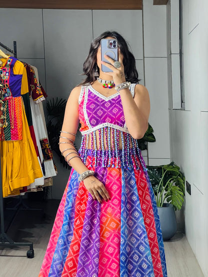 Multicolored Foil Print Kali Lehenga Set