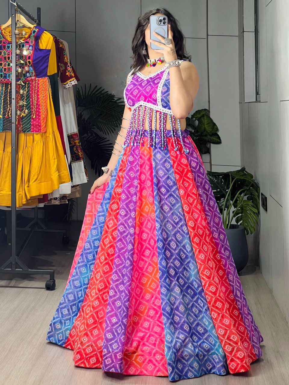 Multicolored Foil Print Kali Lehenga Set