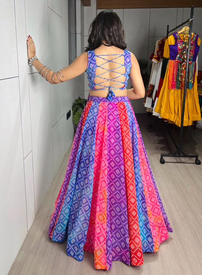 Multicolored Foil Print Kali Lehenga Set