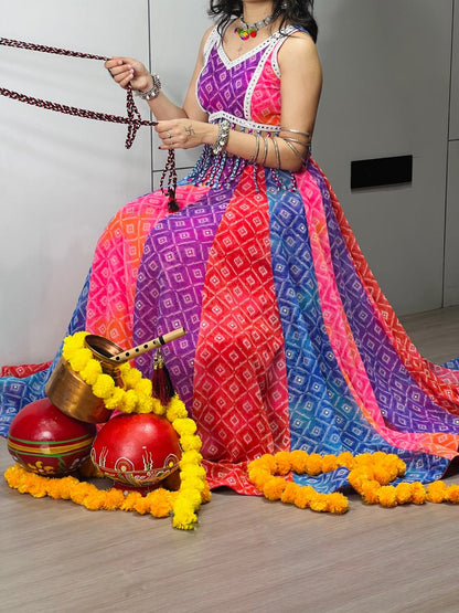 Multicolored Foil Print Kali Lehenga Set
