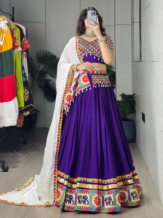 Pure Rayon Cotton Gamthi Mirror Work Lehenga Set