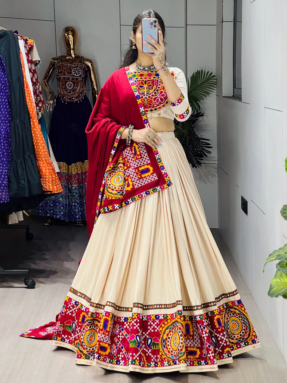 Vanilla Rayon Cotton Real Mirror Work Lehenga Set
