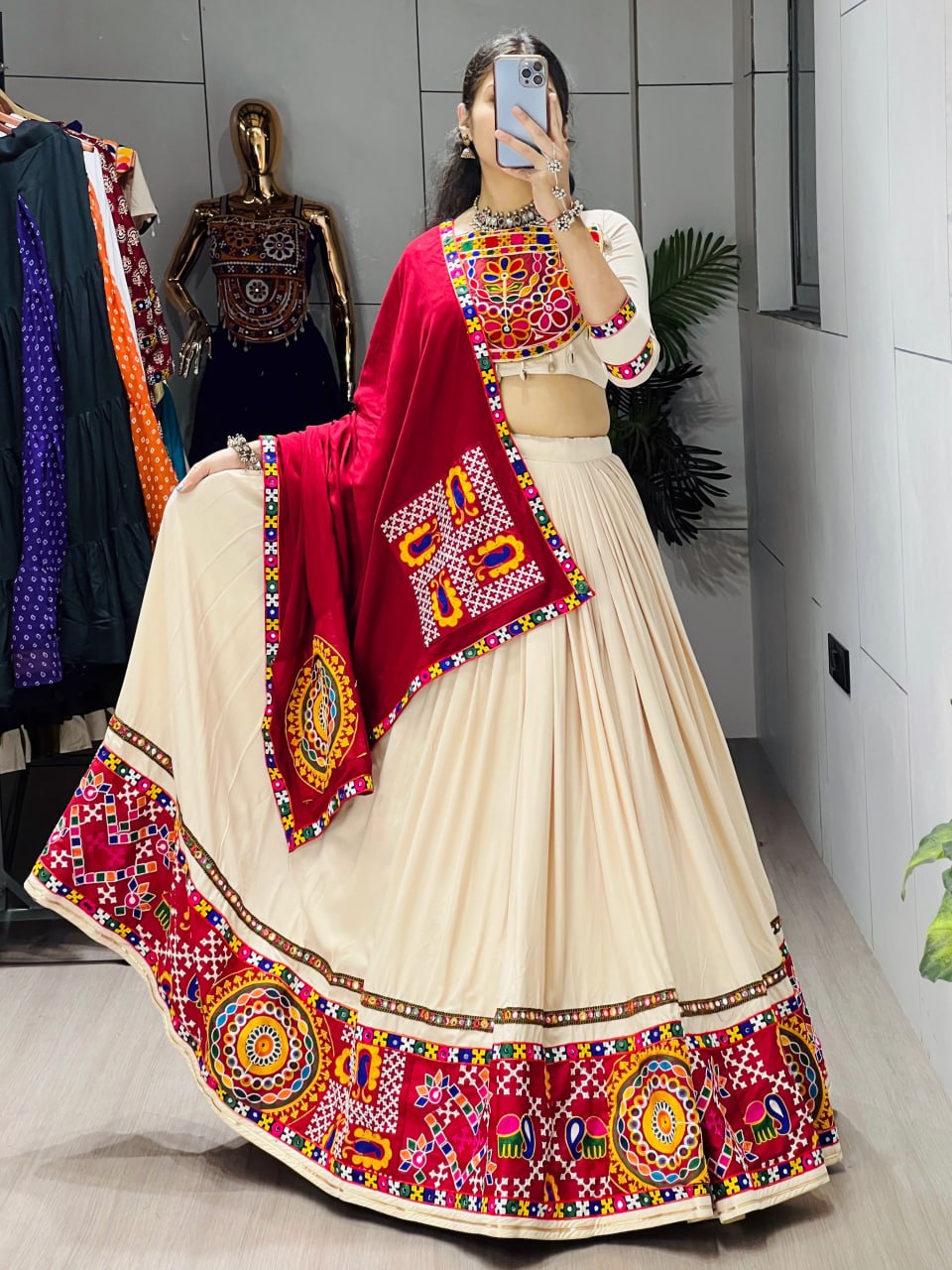 Vanilla Rayon Cotton Real Mirror Work Lehenga Set
