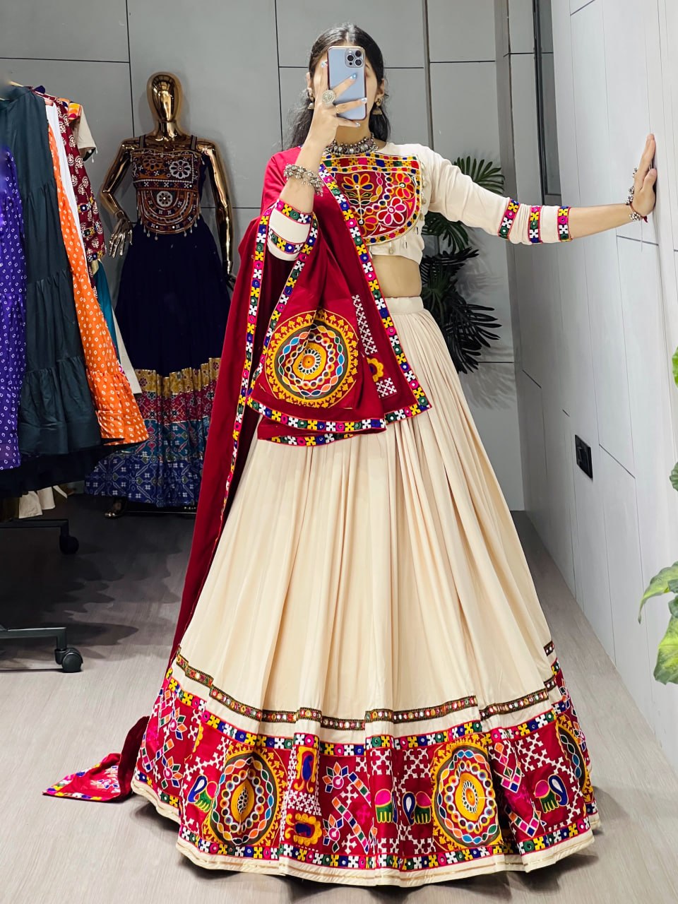 Vanilla Rayon Cotton Real Mirror Work Lehenga Set