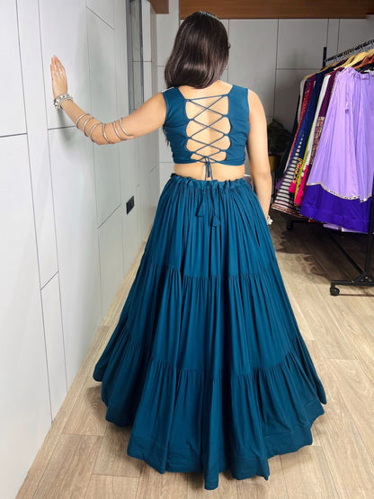 Rama Rayon Cotton Frilled Lehenga Choli Set with Mirror Work Purse