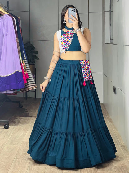 Rama Rayon Cotton Frilled Lehenga Choli Set with Mirror Work Purse