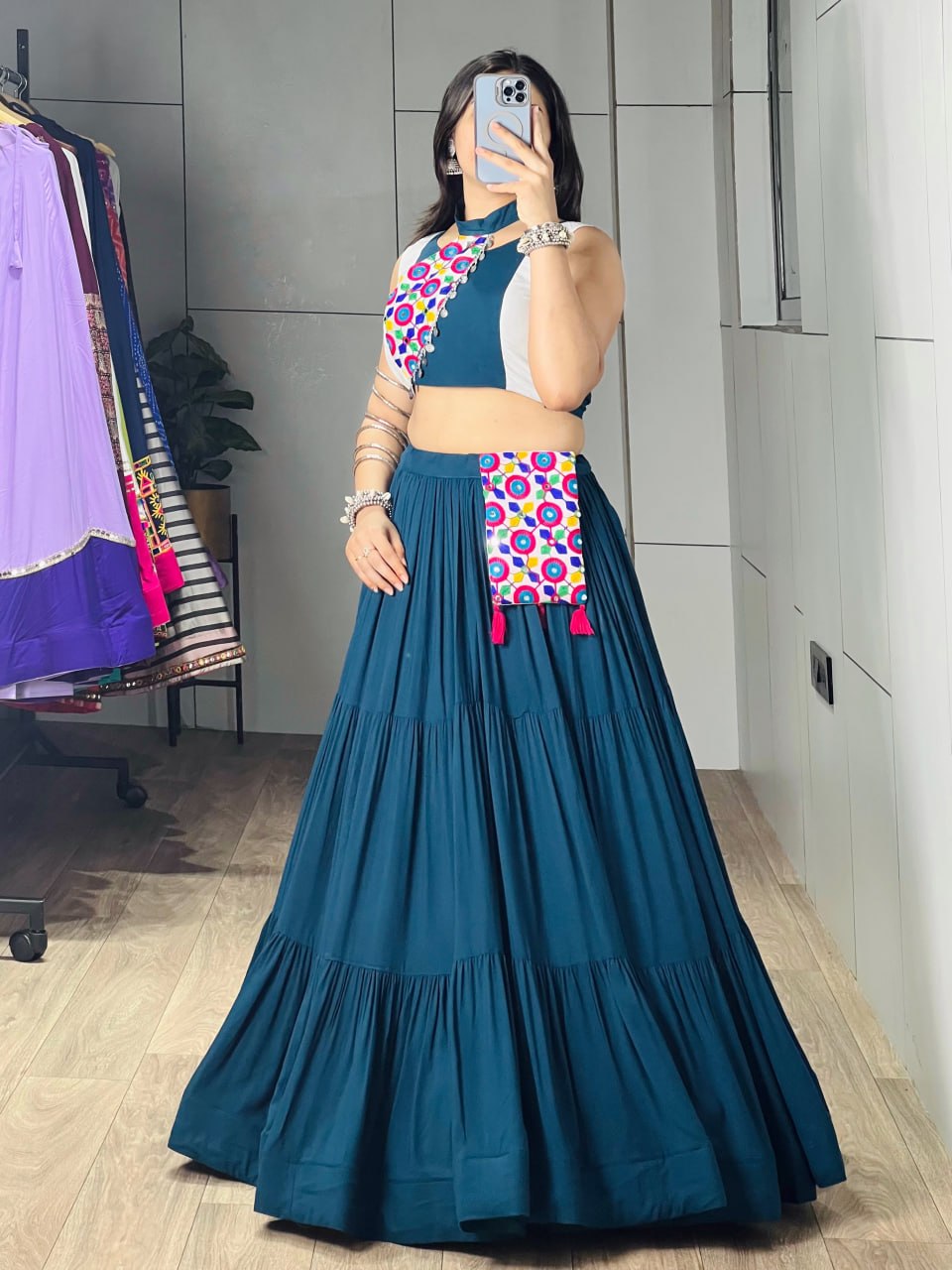 Rama Rayon Cotton Frilled Lehenga Choli Set with Mirror Work Purse