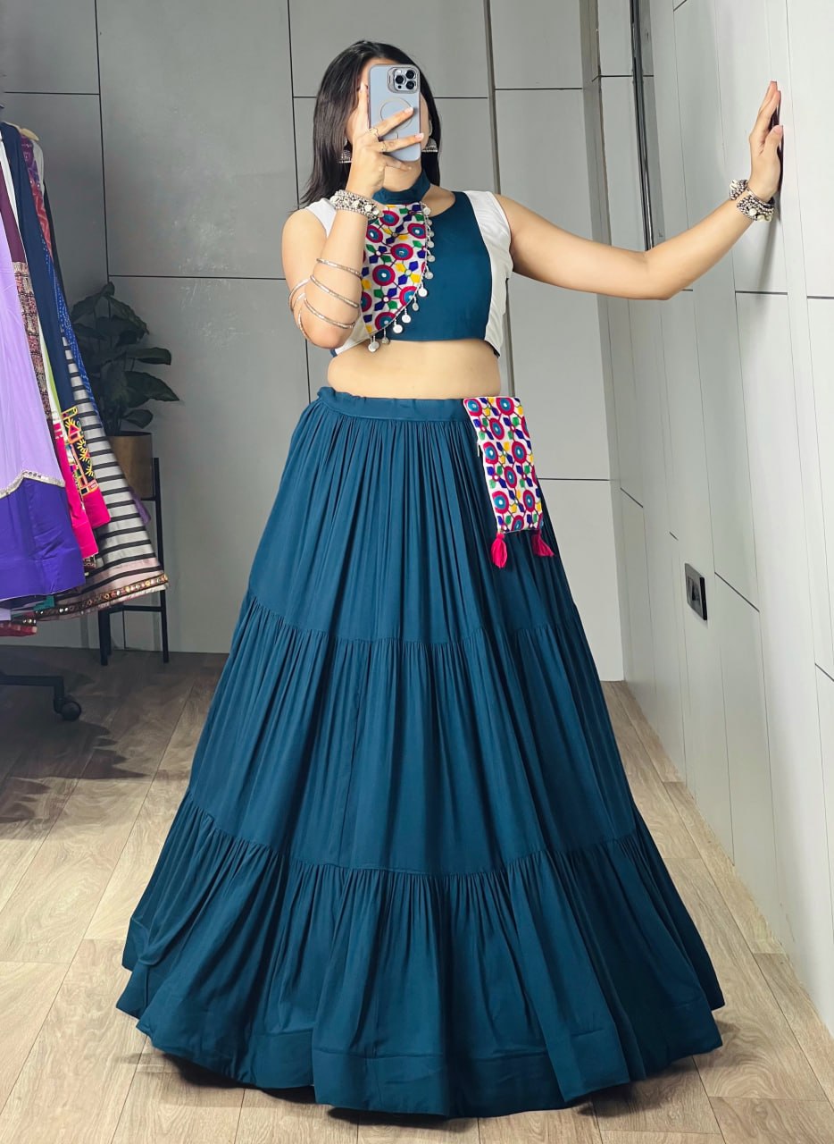 Rama Rayon Cotton Frilled Lehenga Choli Set with Mirror Work Purse