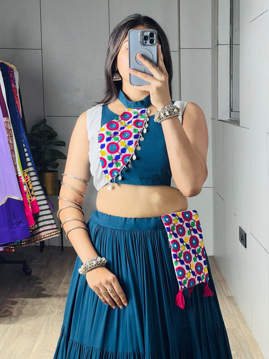 Rama Rayon Cotton Frilled Lehenga Choli Set with Mirror Work Purse