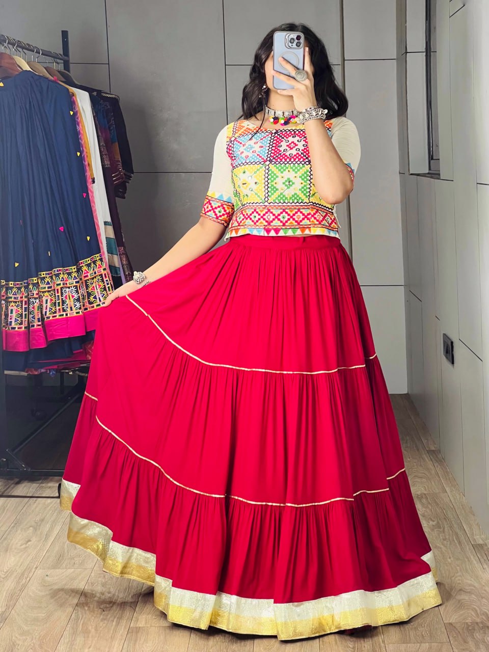 Pure Rayon Cotton Frilled Gota Patti Lehenga Set