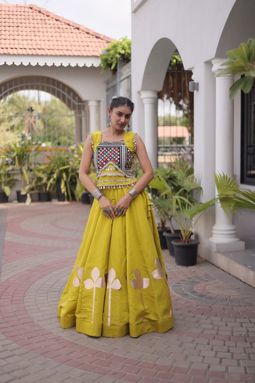 Roman Silk Pan-Patti Gota Lehenga Set