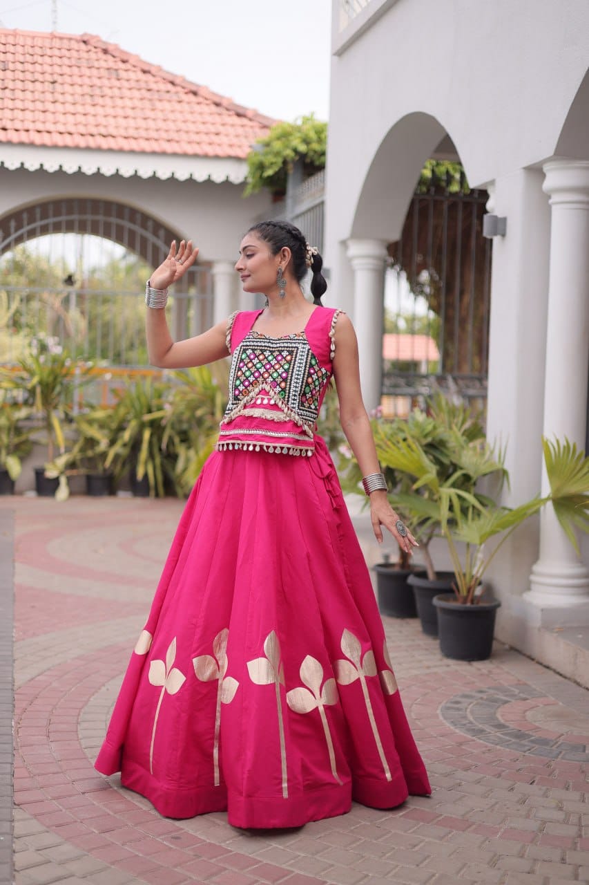 Roman Silk Pan-Patti Gota Lehenga Set