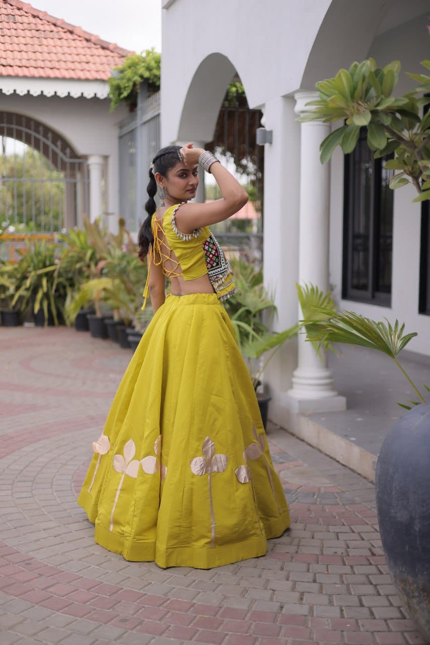 Roman Silk Pan-Patti Gota Lehenga Set