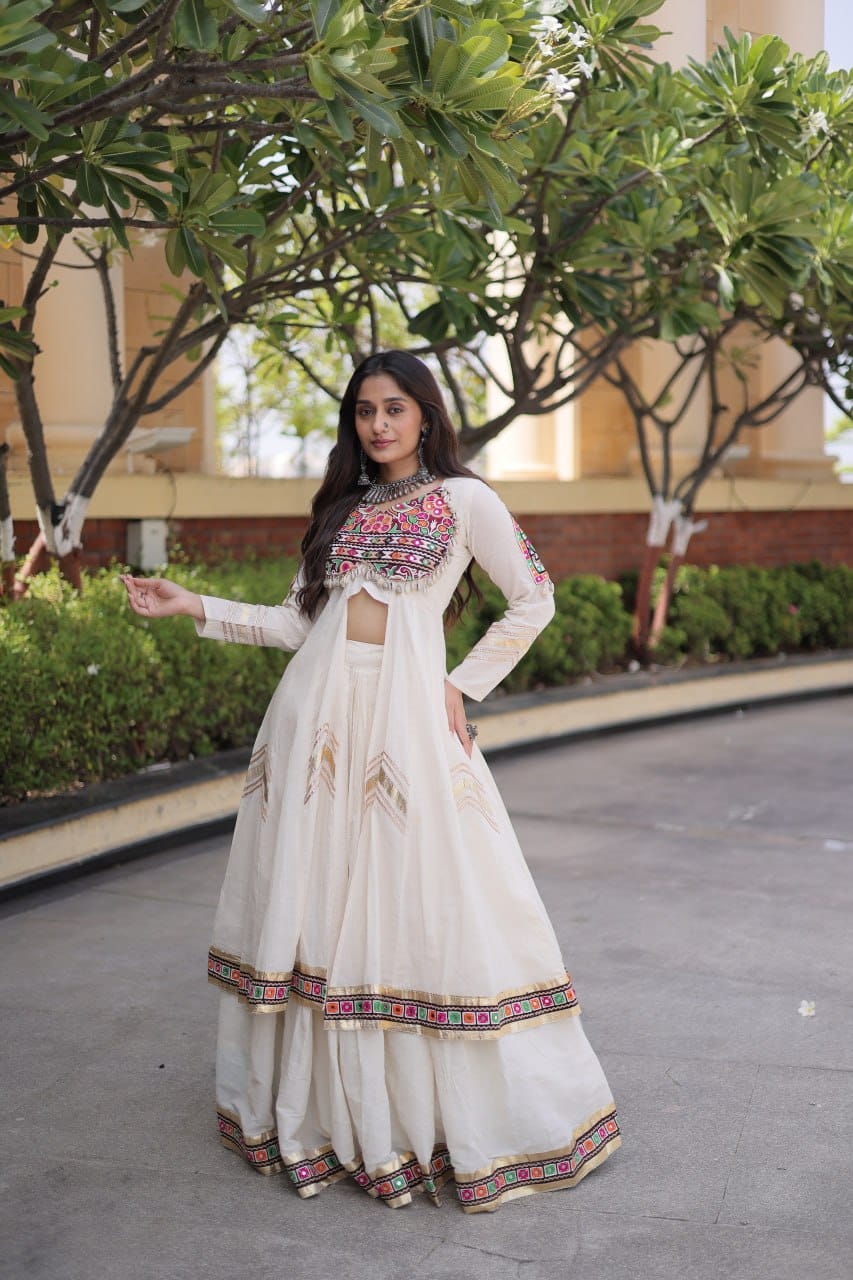 Kora Cotton Gamthi & Gota Patti Lehenga with Full-Sleeve Shrug