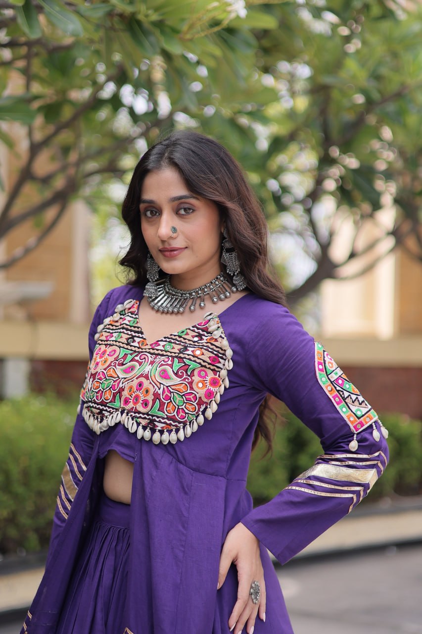 Kora Cotton Gamthi & Gota Patti Lehenga with Full-Sleeve Shrug